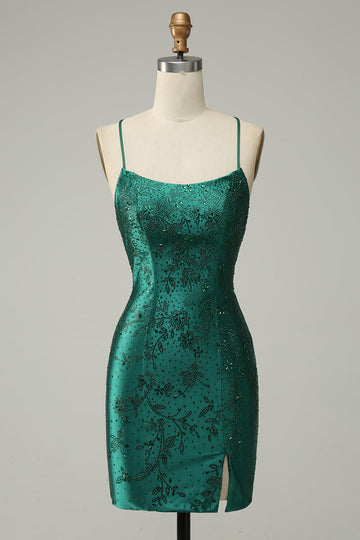Mörkgrön Pärlad Bodycon Kort Balklänning Med Criss Cross Back